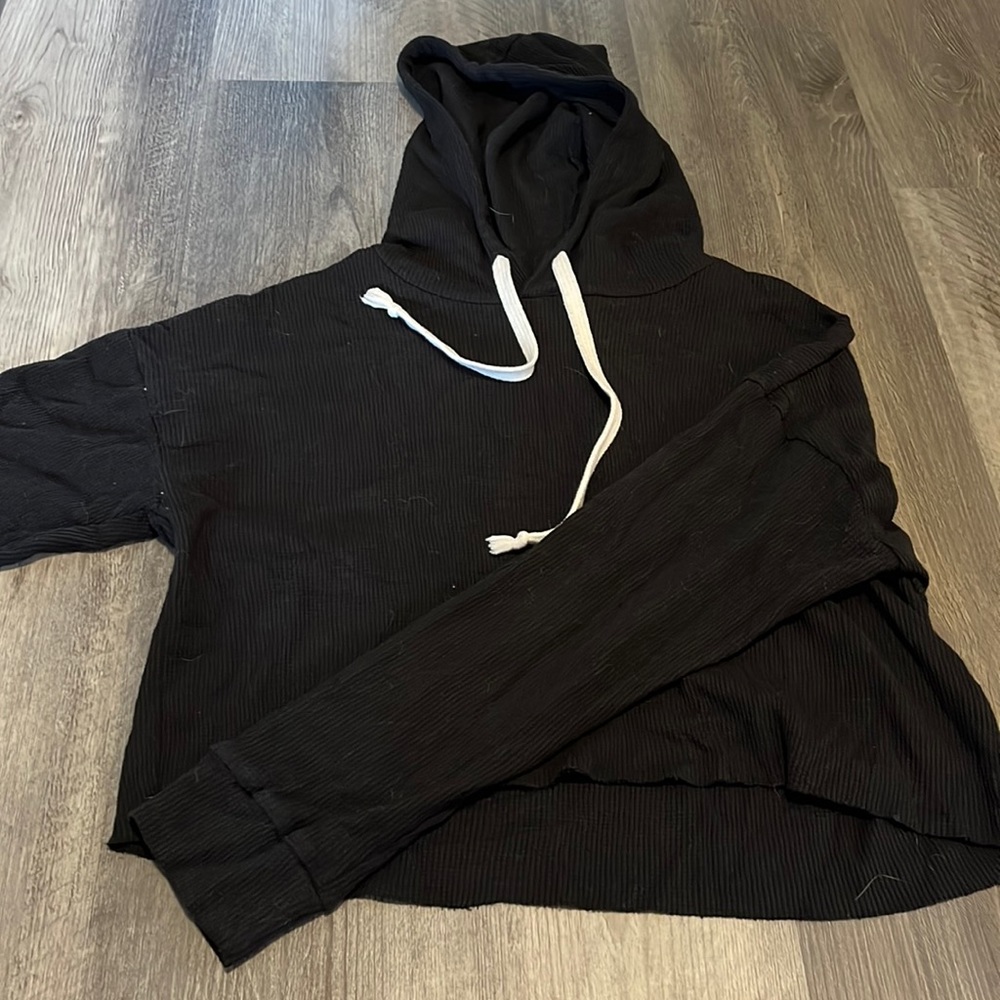 Cropped waffle knit long sleeve hoodie